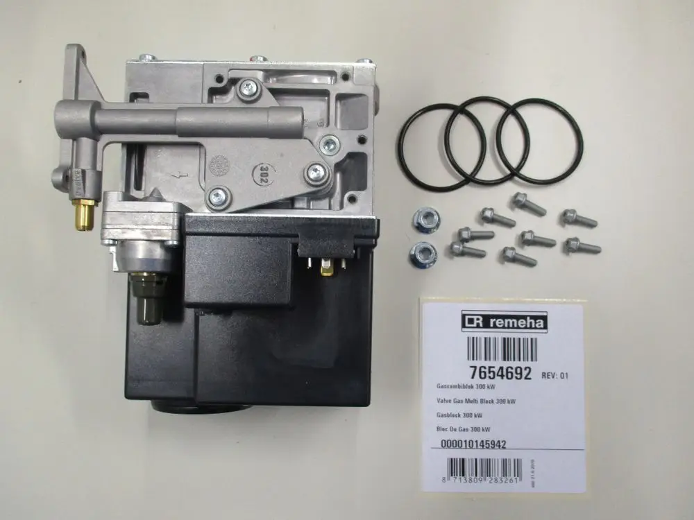Gasblock von Remeha mit verschiedenen Anschlussmöglichkeiten, umgeben von Dichtungen, Schrauben und einem Typenschild, das Modellnummer und technische Angaben enthält.